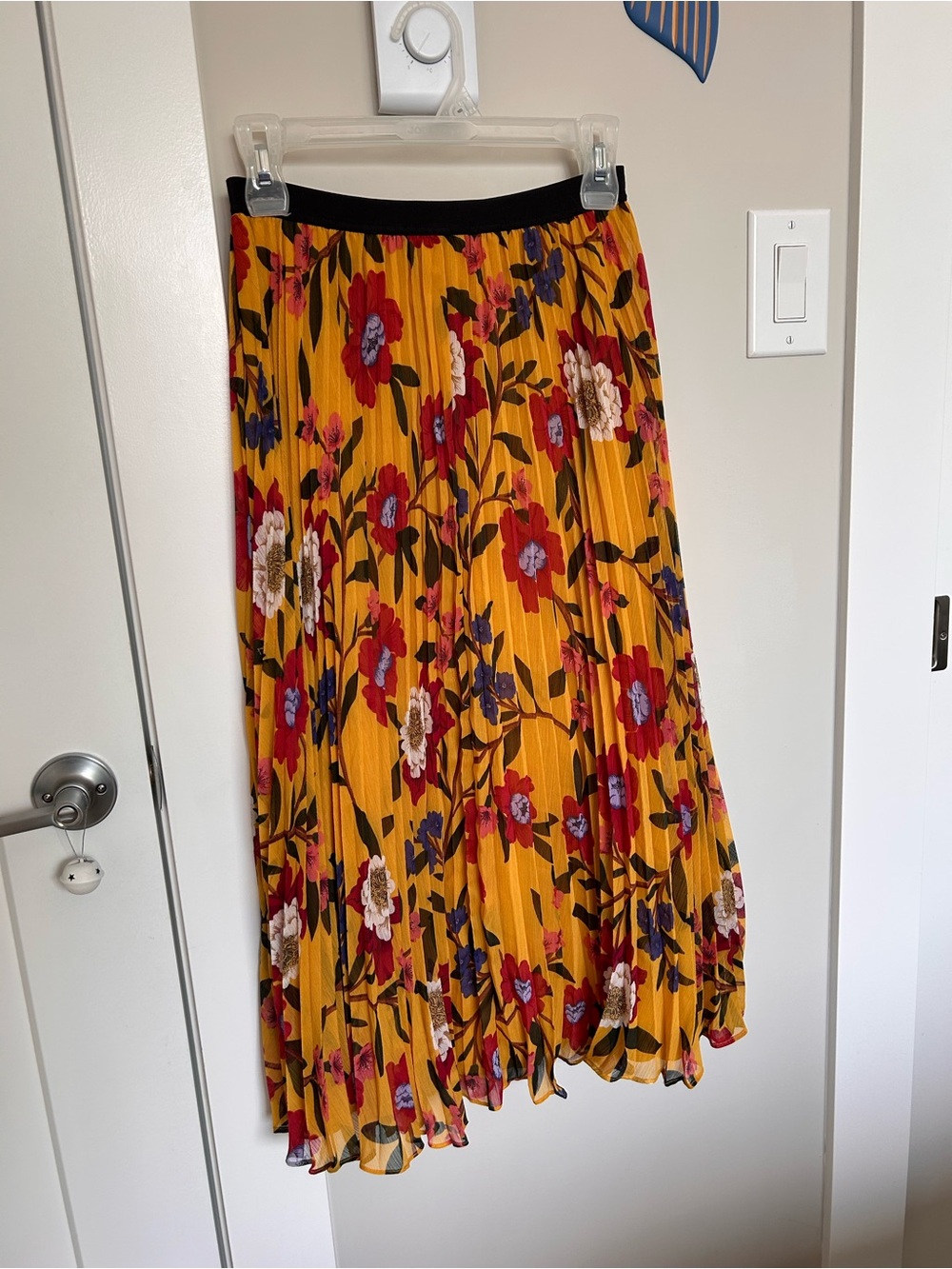 French Connection Mustard Yellow Floral Pleated Midi Skirt